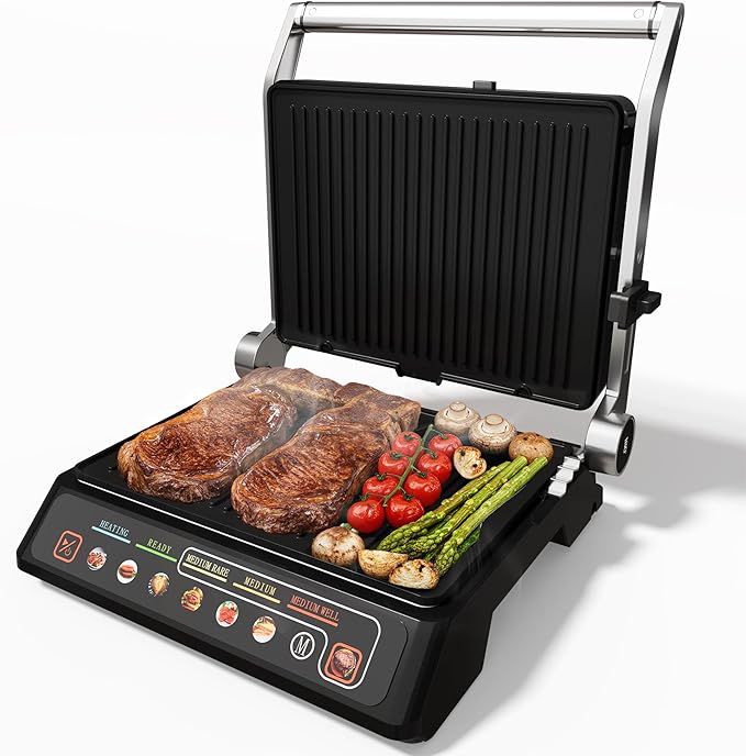 Sunvivi Indoor Grill & Griddle with Preset Menu, 1600W Electric Panini Press Sandwich Maker, Removable Nonstick Plates, Locking Lid, Double-sided Grill with 180° Flat Opening, Stainless Steel, Black