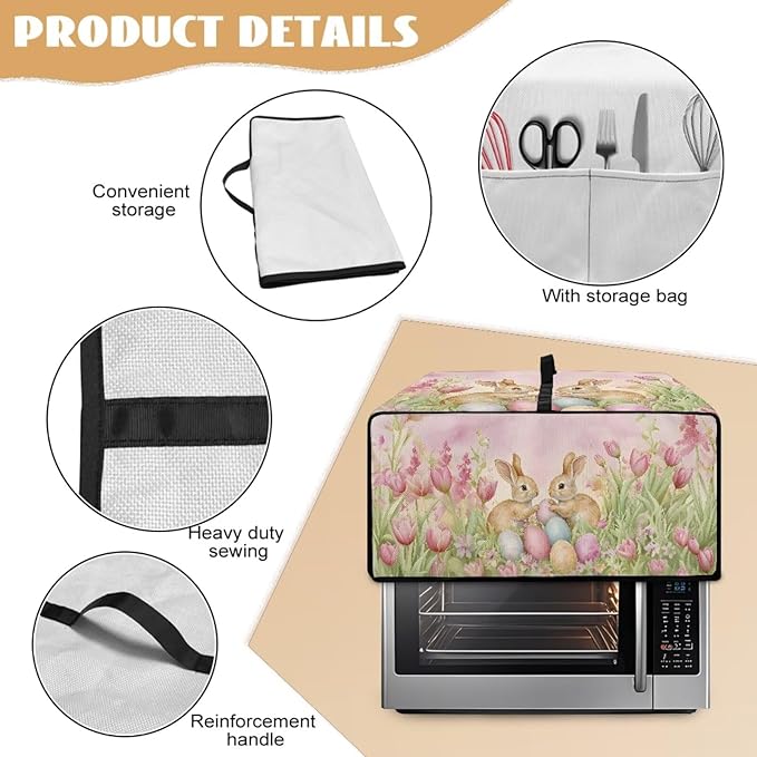 Easter Egg Bunny Tulip Print Toaster Oven Cover for Easter Decor, Dust-proof Case for Air Fryer, Heat-resistant Kitchen Countertop Appliance Protector, (Medium-16.1*19.71*10 inches)