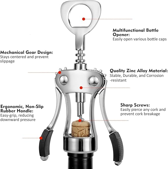 KORCCI Wine Opener, Heavy-Duty Zinc Alloy Wing Corkscrew, Premium Beer Bottle Opener, Multifunctional Wine Accessories with Ergonomic Handle and Sharp Screw, for Kitchen, Bar, Restaurant (2PCS)