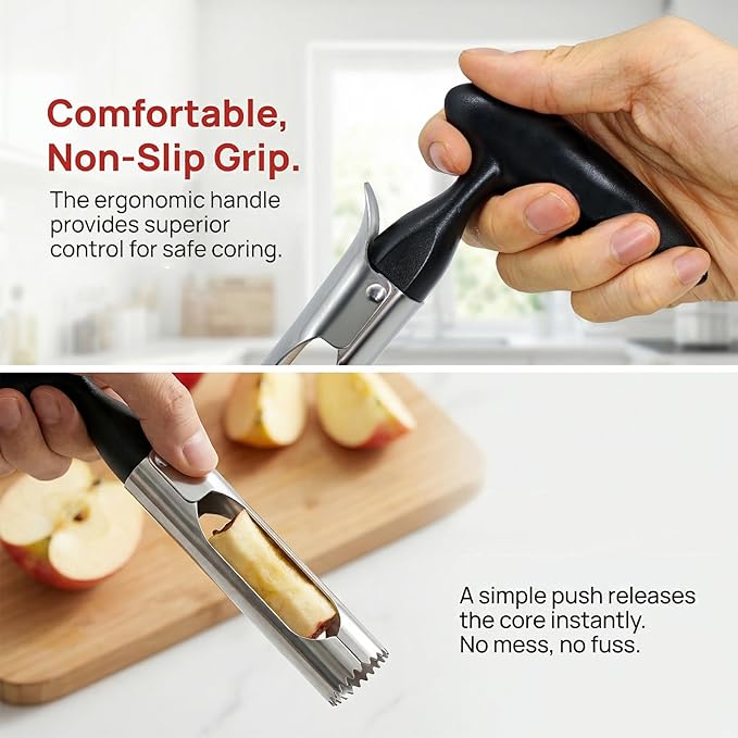 Apple Corer Tool, Stainless Steel Apple Corer Remover, Apple Core Remover, 2-in-1 Apple Corer and Slicer with Easy Push Core Release, Ergonomic Non-Slip Handle, Dishwasher Safe