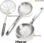 Suwimut 3 Pieces Spider Strainer Skimmer Spoon Set, Fine Mesh Stainless Steel Sieve Food Strainers, Large Hole Slotted Colander Frying Spoons, Strainer Ladle Wire Skimmer Spoon with Handle for Kitchen