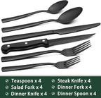 EWFEN 24-Piece Black Silverware Set with Steak Knives, Black Flatware Set for 4, Food-Grade Stainless Steel Tableware Cutlery Set, Mirror Finished Utensil Sets for Home Restaurant, Square Edge