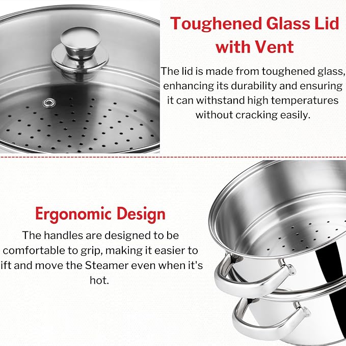 Vinod Stainless Steel 2-Tier Steamer with Glass Lid and Riveted Handles Ideal for Momo, Modak and More Induction and Gas Compatible 7.8 in 2-Year Silver