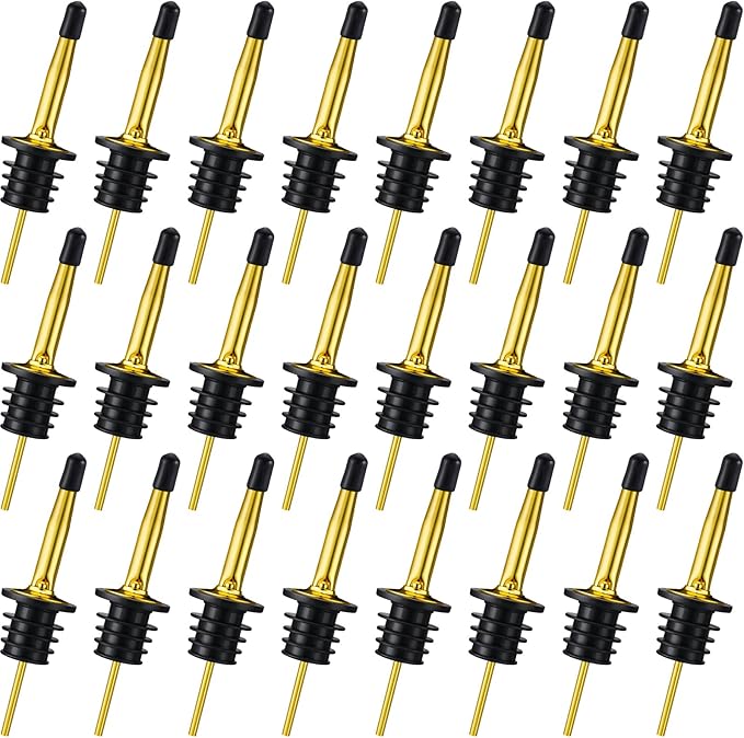 CHENGU 48 Pcs Stainless Steel Bottle Pourers Tapered Liquor Pourers with Rubber Dust Caps Tapered Spouts Set Bar Supplies Vinegar Bottle Dispenser Wine Liquor Spout for Oil Beer Drink Water (Gold)