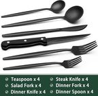 EWFEN 24-Piece Black Silverware Set with Steak Knives, Black Flatware Set for 4, Food-Grade Stainless Steel Tableware Cutlery Set, Mirror Finished Utensil Sets for Home Restaurant, Long Edge
