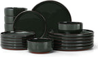 E-far Stoneware Dinnerware Sets for 6, 18 Pieces Reactive Glaze Plates and Bowls Sets, Elegant Dishes with Rustic Terracotta Clay Base, Dishwasher & Microwave Safe, Scratch Resistant, Blackish Green