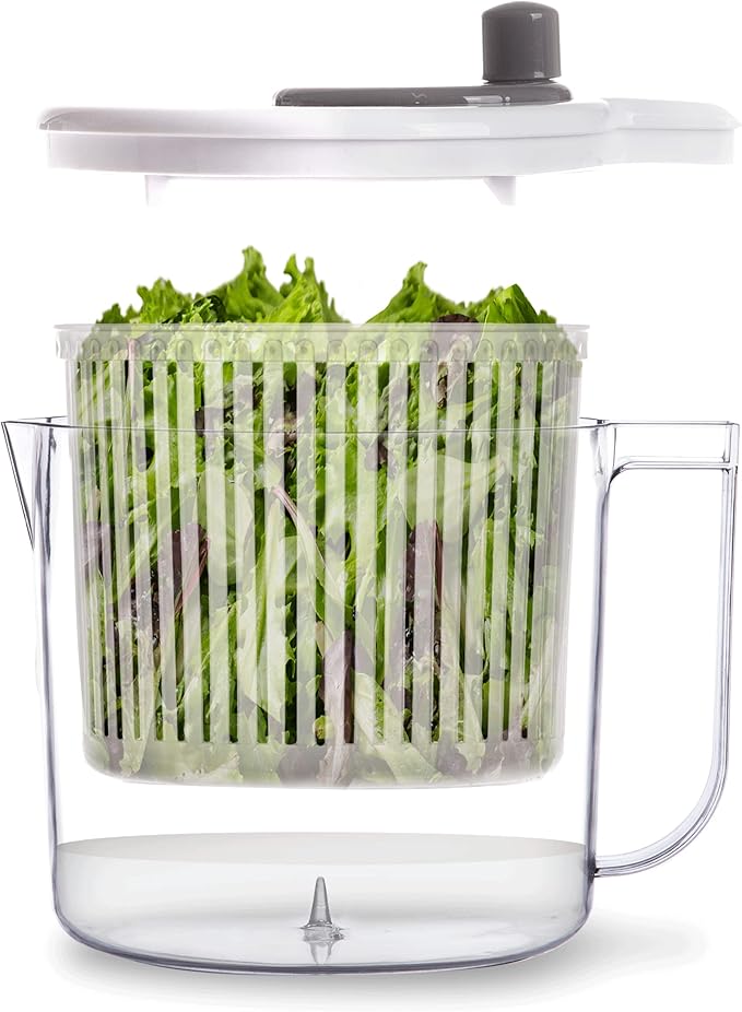BINO | Salad Spinner - 2.6 Qt | Small Manual Lettuce Spinner with Built-in Draining System | Salad Spinner, Colander, and Water Pitcher in One | Fruit & Vegetable Basket Colander | Kitchen Gadgets