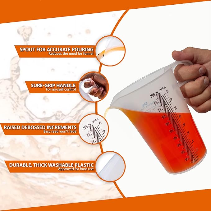 32oz (1 Quart) Measure Pitcher with Convenient Conversion Chart – Extra Strong Food Grade – Great for Cooking, Home Hobbies, Shop Oil and Fluids, Spa Chemicals with High Chemical Resistance by Turnah