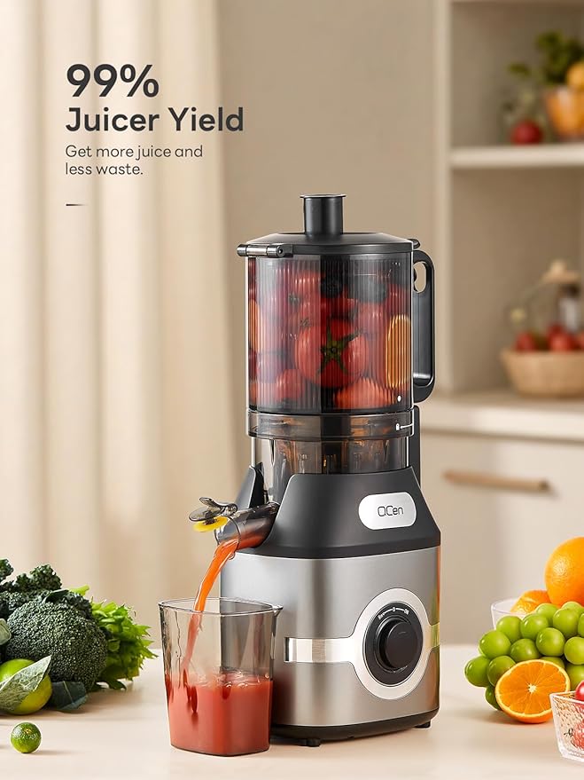 QCen Cold Press Juicer, 5.5” Wide Feed Chute Slow Masticating Juicer Machine for Whole Fruits and Vegetables, Easy to Clean (Gray)