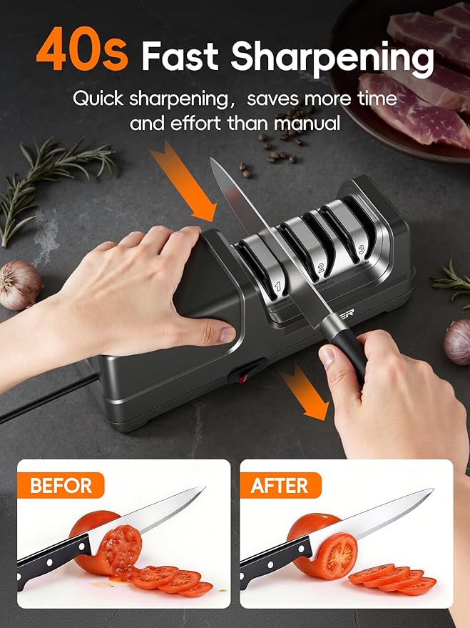 Electric Knife Sharpener, 3-Stage Diamond Knife Sharpener for Kitchen Knives 20-Degree Angle, 40S Quick Sharpening & Polishing for Chef, Santoku, Ceramic Knives, Easy to Use for Beginners, Black