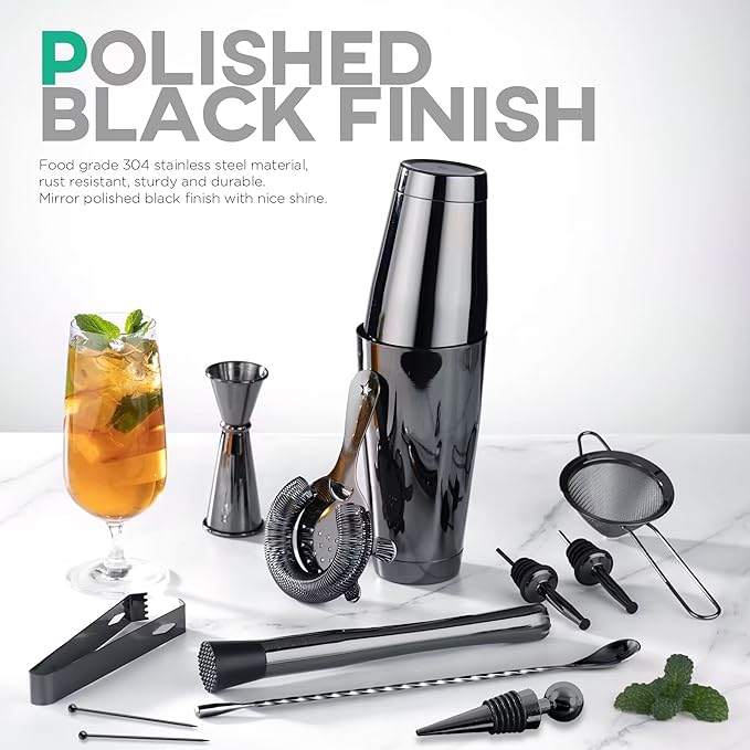Homestia Cocktail Shaker Sets, Bartender Kit - 12 Pcs Stainless Steel Bar Tools with Boston Shaker Tins, Mixing Spoon, Muddler, Jigger, Strainer, Ice Tongs and Wine Pourers (Black)
