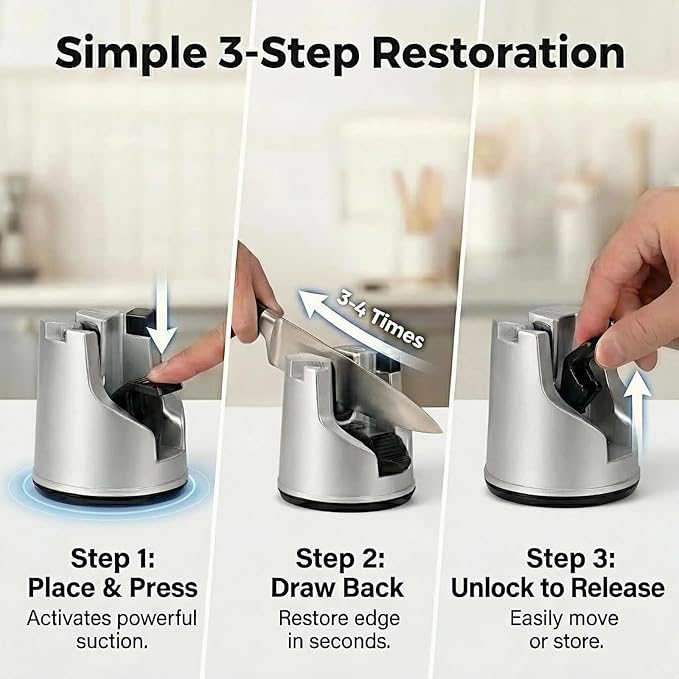 Knife Sharpener for Kitchen Knives, 3-Stage Suction Cup Sharpening Tool for Straight and Serrated Blades, Scissors Sharpener with Auto-Adjust Angle, Safe One-Handed Chef Knife Accessories