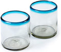 7 oz Hand Blown Mexican Drinking Glasses - Set of 2, 7 fl oz each, Aqua Rim