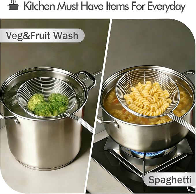 6.14 Inch Oil Spider Strainer Kitchen Cooking Tools With Mesh Filter,Stainless Steel Slotted Skimmer Spoon For Deep Fryer Basket,Strainer For Noodle,Pasta,Donut