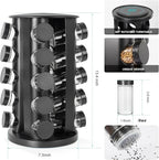 Tianifa Black Countertop Rotating Spice Rack, Round Empty 20-Jars Revolving Spice Rack Organizer, 135 Spice Labels with Funnel Complete Set, for Kitchen Countertop, Cabinet