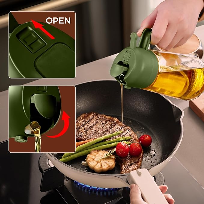 YARRAMATE 2Pcs 16oz/470ml Glass Olive Oil Sprayer for Cooking with Stickers, 2 in 1 Oil Dispenser for Kitchen Gadgets, Food Grade Premium Spray Bottle for Salad, BBQ (Black&OliveGreen)
