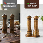 Wooden Salt and Pepper Grinder Set, Premium Oak Wood Salt Grinders Shakers, Pepper Mill with S and P Engraving, Adjustable Ceramic Grinder (8″ - 2 Packs with Tray)