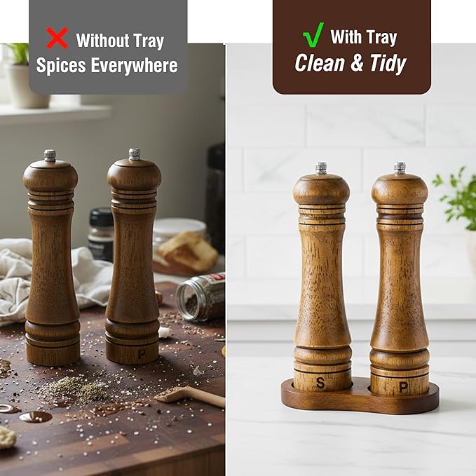 Wooden Salt and Pepper Grinder Set, Premium Oak Wood Salt Grinders Shakers, Pepper Mill with S and P Engraving, Adjustable Ceramic Grinder (8″ - 2 Packs with Tray)