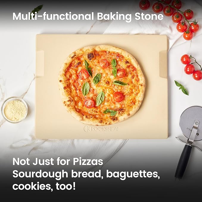 Pizza Stone 15x12 Inch Rectangular, Cordierite Baking Stone for Oven Grill BBQ, Crack Resistant with 4 Built-in Handles for Crispy Crust Bread Cookies