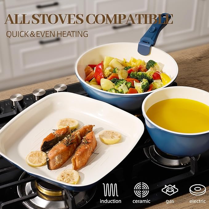 23Pcs Ceramic Cookware Set Non Stick Pots and Pans Set Non Toxic with Detachable Handle Induction Kitchen Cookware Set Space Saving, Oven & Dishwasher Safe, Navy Blue