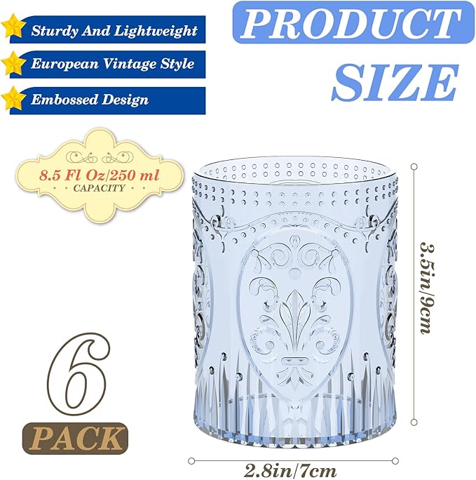 Qinyoung 6 Plastic Vintage Drinking Glasses 8.5oz Stemless Retro Embossed Wine Glasses Shatterproof Reusable Cups for Baby Shower Wedding Reception Grand Event Party (Blue)
