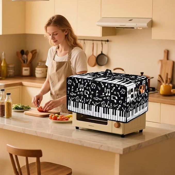 Piano Musical Notes Print Toaster Oven Dust-proof Cover, Heat-resistant Anti Fingerprint Microwave Oven Dust Cover, Kitchen Counter Accessory (Small-14.5 * 18.46 * 9 inches)