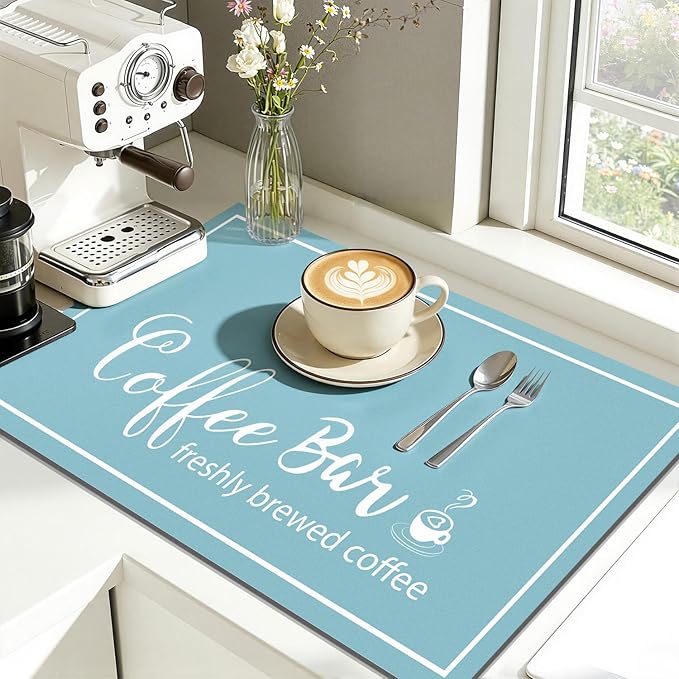 Findosom Dish Drying Mat, 17"x 32" Super Absorbent & Hide Stain Coffee Mat, Cuttable Drying Mat for Kitchen Counter, Coffee Bar Accessories, Under Dish Rack, Coffee Maker, Espresso Machine, Blue