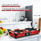 Hot Plate, Techwood 1800W Portable Electric Stove for Cooking Countertop Dual Burner with Adjustable Temperature & Stay Cool Handles, 7.5” Cooktop for Home/RV/Camp, Compatible for All Cookware, Red