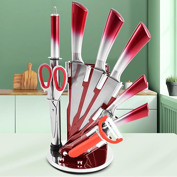 Professional 9-Piece Kitchen Knife Set with Acrylic Block - Non Stick Sharp Stainless Steel Chef Knives with Sharpener,Gift for Home Kitchen Women