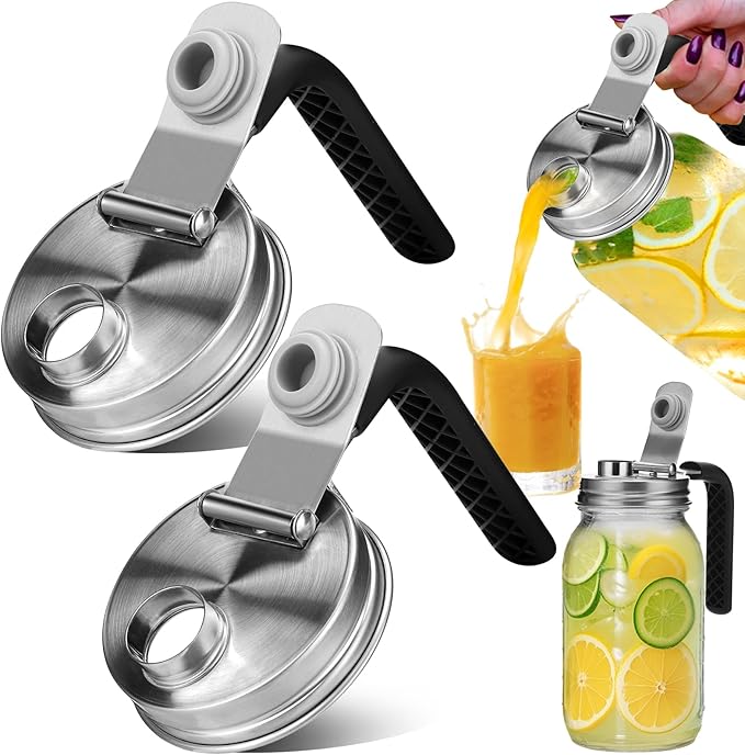 Mason Jar Pour Spout Lid Stainless Steel with Handle, Regular Mouth Pour Spout Flip Cap Lids for Mason Jars, Anticracking Leak Proof Seal Cover Airtight for Drinking Salad Dressing Food Storing(2PCS)