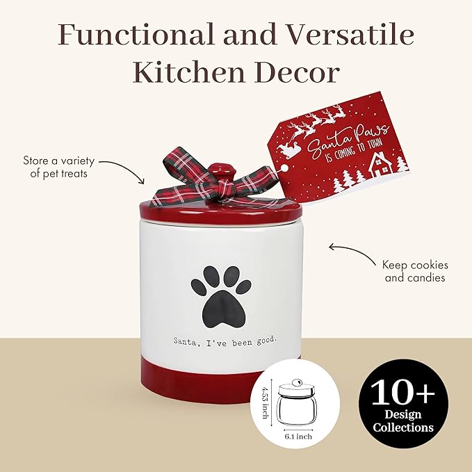 Young's Inc Ceramic Christmas Pet Treat Jar with Lid, Dog and Cat Treat Container for Countertop, Small Animals, Cat, Dog Cookie Jar, Decorative Gifts for Pet Owners, 6 Inch Tall
