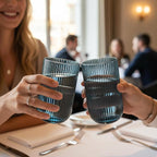 Set of 8 Ribbed Glassware,4 Highball Glasses 14oz & 4 Rocks Drinking Glasses 9oz, Origami Style, Fluted Design, for Milk, Water, Cocktail, Juice, Beer, ToothBrush Cup, Gif (Blue)