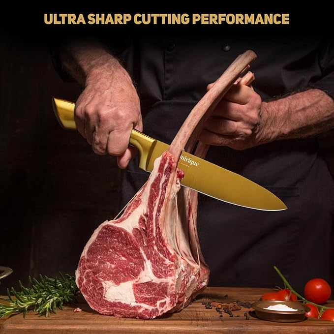 Luxury Black & Gold Kitchen Knife Set with Block & Rod Sharpener – 8-Piece Titanium-Coated Stainless Steel Knives, Ultra Sharp Chef Knife Set, Ideal Knives Set for Kitchen