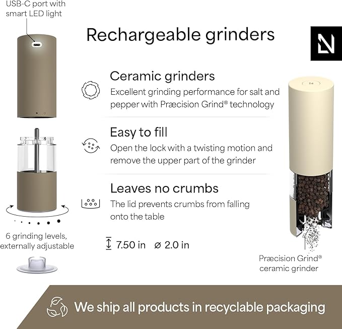 LARS NYSØM Electric Salt and Pepper Grinder Set I Automatic Salt and Pepper Mills with Adjustable Ceramic Grinder I USB Rechargeable Electric Spice Mill Set with LED Light (Brown/Beige)