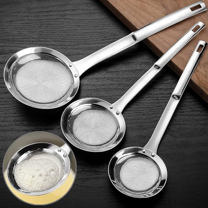 Kitchen Skimmer Strainers Stainless Steel Mesh Colanders Food Strainers Set Fine Mesh Sieve With Handle Slotted Spoon Handheld Fry Oil Filter For Cooking Vegetable Strainer Foam Hot Pot 2Pack