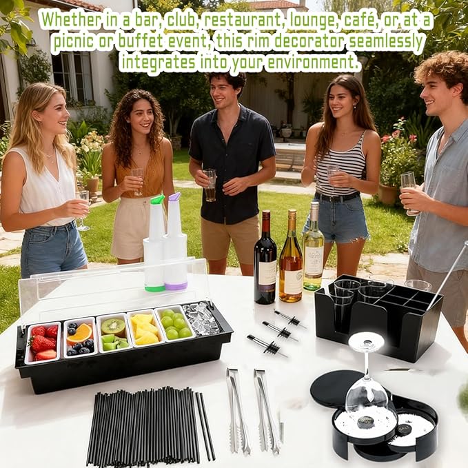 Bartender Tools Include 3 Tier Glassware Rack, Wine Bottle Pourers,Bar Storage Boxes,6-Compartment Chilled Condiment Containers,Plastic Juice Pourers,Serving Tongs,Straws and Cocktail Stirrers