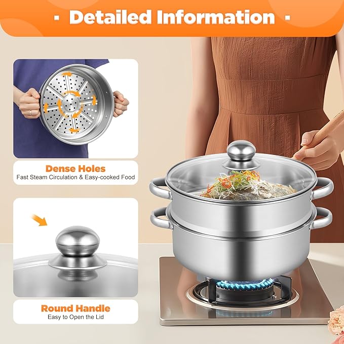 Steamer for Cooking, 5-Tier Stainless Steel Steamer Pot, Multipurpose Stackable Food Steam Pots Kitchen Steaming Cookware with Glass Lid for Induction, Gas, Electric Stoves, Composite Pot Base