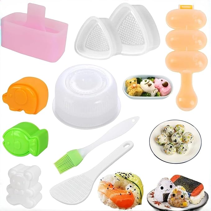 10 Pcs Onigiri Mold Set, Rice Mold Musubi Maker Mold Kit, Non Stick Musubi Maker Press Rice Ball Mold Shaker Donut Shaper Sushi Maker Tool for Kids Bento Lunch and Home DIY