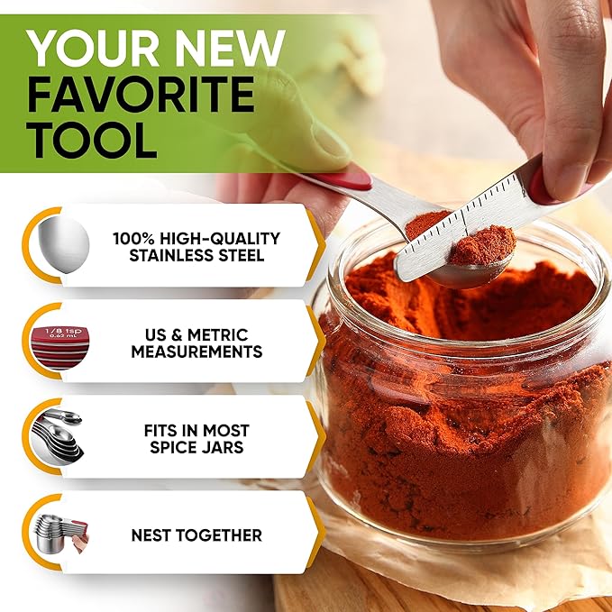 Spring Chef Magnetic Measuring Cups & Spoons Set, Patented, Strong N45 Magnets, Heavy Duty Stainless Steel Fits in Spice Jars for Baking & Cooking, BPA Free, Round Set of 15 with Leveler, Red