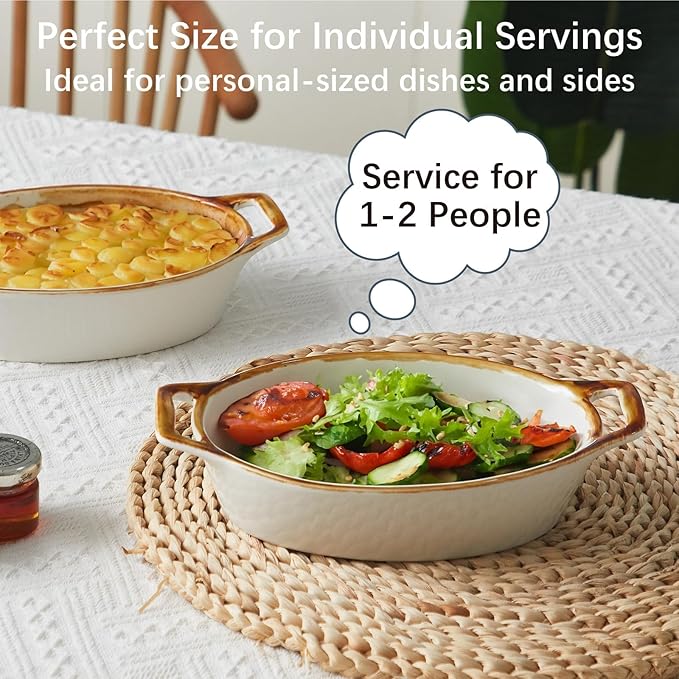 ONEMORE Au Gratin Baking Dish Oval Ceramic White Small Casserole Dish Oven Safe Baking Dishes for Oven Individual Serving Dishes Mini Casserole Dish Set of 4 for Lasagna Quiche, 6x8, 20 oz, Brown Rim
