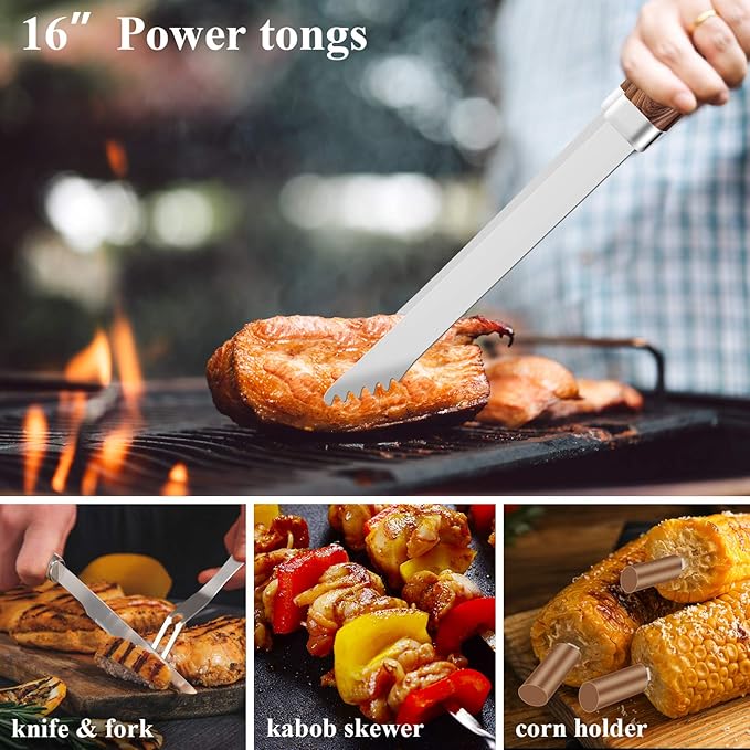 ROMANTICIST 25pcs Extra Thick BBQ Grill Accessories, Christmas Grilling Gifts Set for Men Dad, Heavy Duty Grill Tools Utensils Kit with Spatula, Tongs in Aluminum Case for Birthday Brown