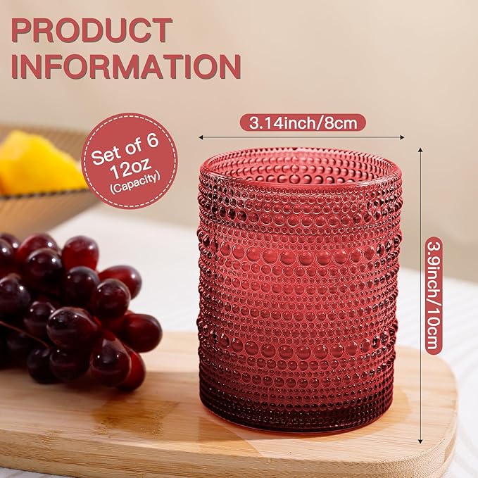 JOVGANK Red Vintage Hobnail Drinking Glasses Set of 6, Embossed Water Tumbler 12oz, Kitchen & Bar Beaded Glass Cups, Beverage Glass Cups for Water, Beer, Juice, Housewarming and Mother's Day Gift