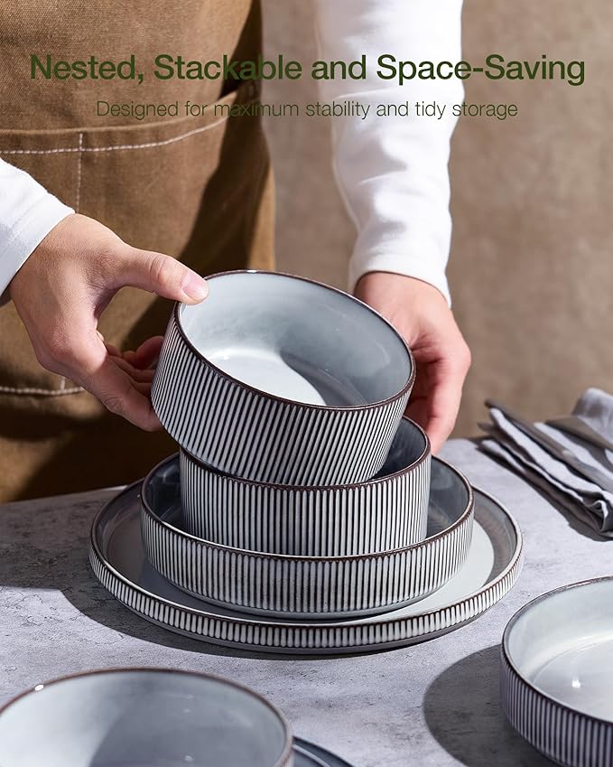 Famiware Star 24-Piece Plates and Bowls Set with Trim, Service for 8 - Stoneware Reactive Glaze Dinnerware, High Edge Ribbed Dishes, Chip & Scratch Resistant, Microwave & Dishwasher Safe, Smoky Blue