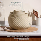 KooK Ceramic Mixing Bowls, Nesting Set of 4, Embossed Kitchen Dishware, Prep, Serving, Gift, Microwave and Dishwasher Safe, 20/44/98/145 oz, Narbonne Collection (Almond)