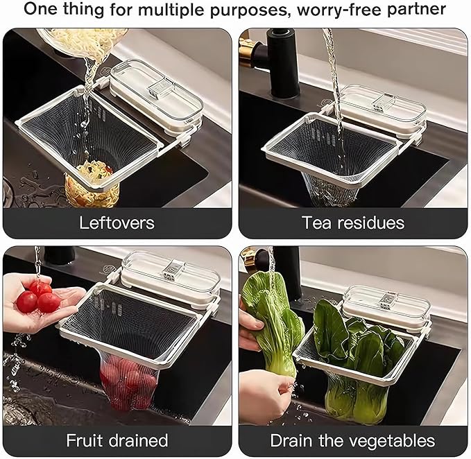 Sink Drain Strainer 2025 New Suction Cup Sink Kitchen Net Strainer Colander Collapsible Corner Sink Strainer Over for Food Waste Filtering Kitchen Leftover Have Mesh Bags (Black, Filter 50Pcs)