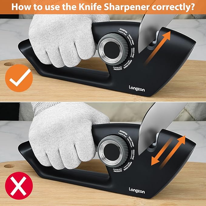 Longzon 6-in-1 Knife Sharpener 5 Stage with Cut-Resistant Glove, Manual Kitchen Tool for Straight & Serrated Knives, Quickly Sharpens Restores & Polishes Dull Blades Safe for Home Kitchen