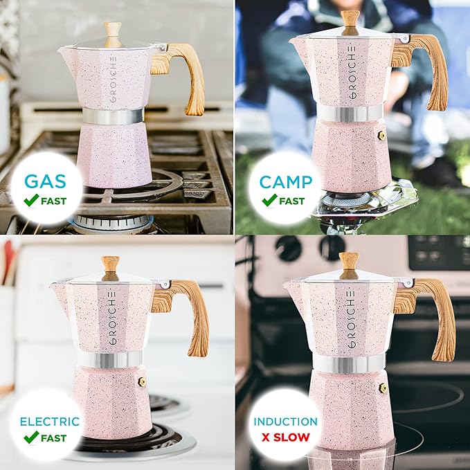 GROSCHE Milano Moka pot, Stovetop Espresso maker, Greca Coffee Maker, Stovetop coffee maker and espresso maker percolator (Pink, 9 cup)