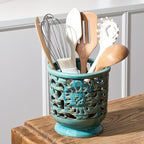Farmhouse Kitchen Utensil Holder for Countertop, Ceramic Large Cooking Utensil Crock with Cork Mat, Hollow Carving Decorative Rustic Utensil Holder for Kitchen Counter, Antique Blue