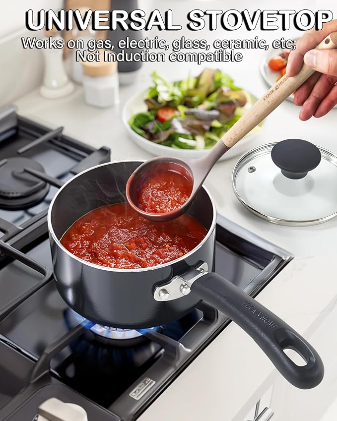 Cook N Home Nonstick Sauce Pan with Glass Lid, 1-Quart Saucepan Non Stick Small Cooking Milk Aluminum Pot, Black