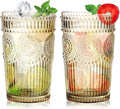 Loivttvv 6pcs Vintage Drinking Glasses Set, 12 oz Tawny Highball Glasses, Embossed Ribbed Glassware Cups for Cocktail, Water, Juice, Coffee, Whiskey